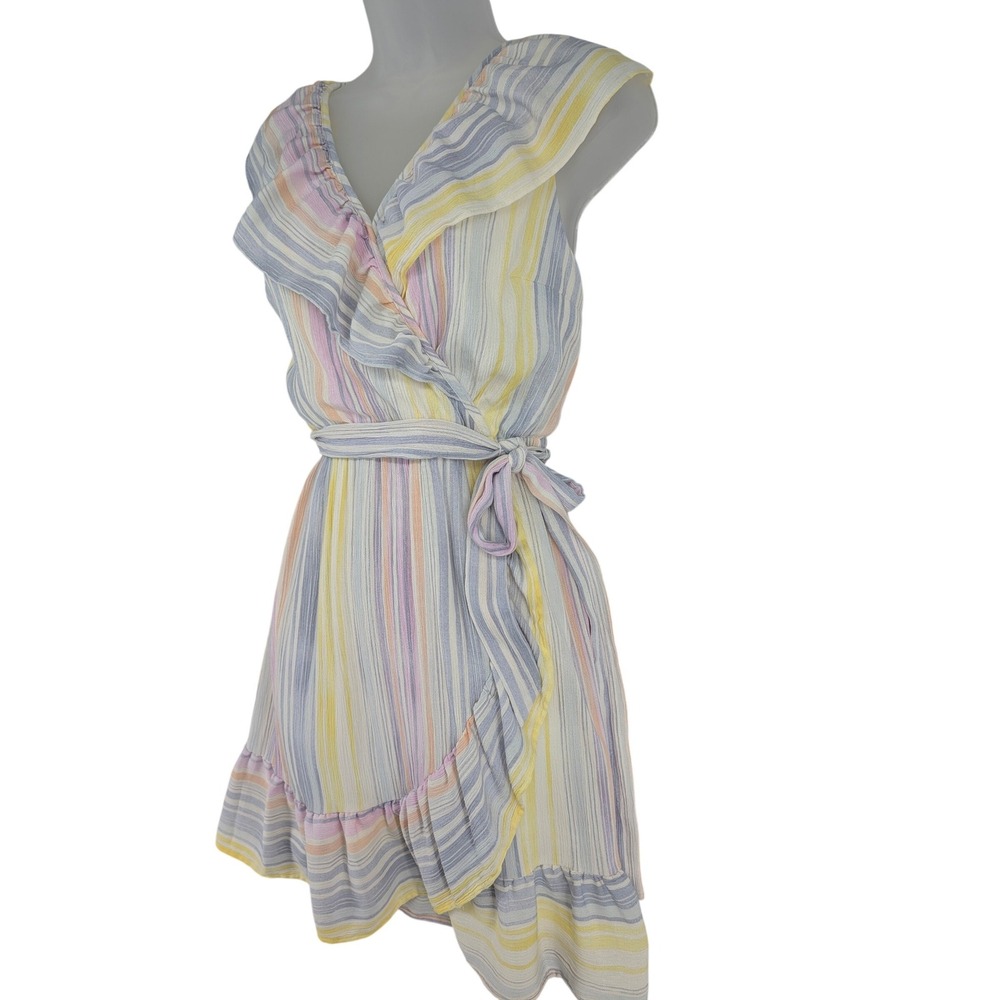 Lauren Conrad Small Pastel Striped Ruffle Faux Wrap Dress Sleeveless Mini V-Neck - Picture 2 of 9